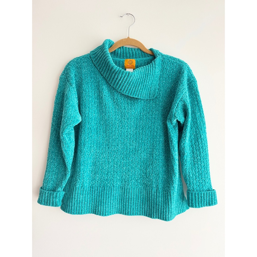 Ruby Rd Petite Green Teal Chenille Asymmetrical Cowl Neck Sweater Boho Sz PS